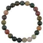 A beaded stretch bracelet made of polished round indian agate gemstone beads in multiple earthy colors including green, brown, red, black, and beige, arranged in a circle on a plain white background.