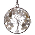A circular tree of life pendant featuring a silver wire tree design with labradorite chips for leaves, with a silver bail , shown on a plain white background.