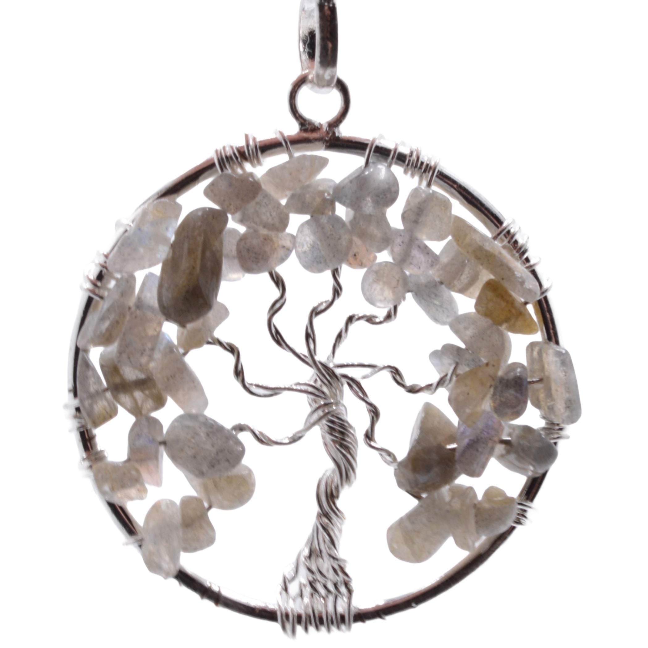 A circular tree of life pendant featuring a silver wire tree design with labradorite chips for leaves, with a silver bail , shown on a plain white background.