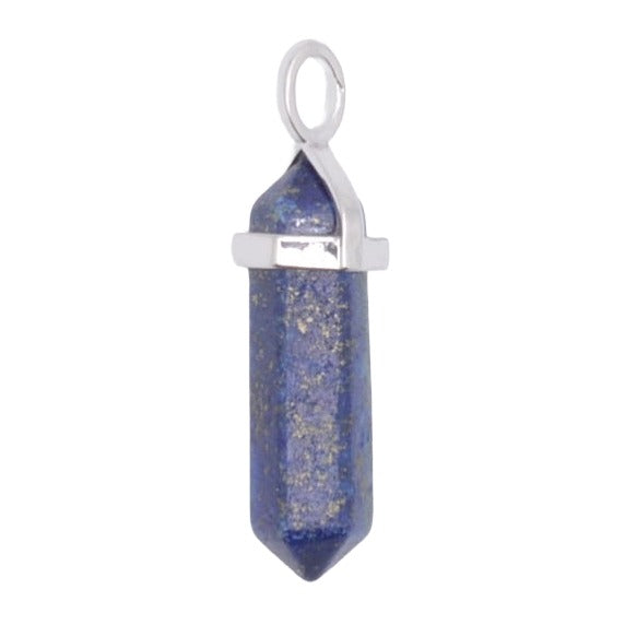 A sterling silver pendant charm featuring a natural lapis lazuli crystal double point with gold flecks, set against a plain white background.