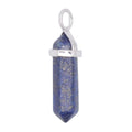 A sterling silver pendant charm featuring a natural lapis lazuli crystal double point with gold flecks, set against a plain white background.