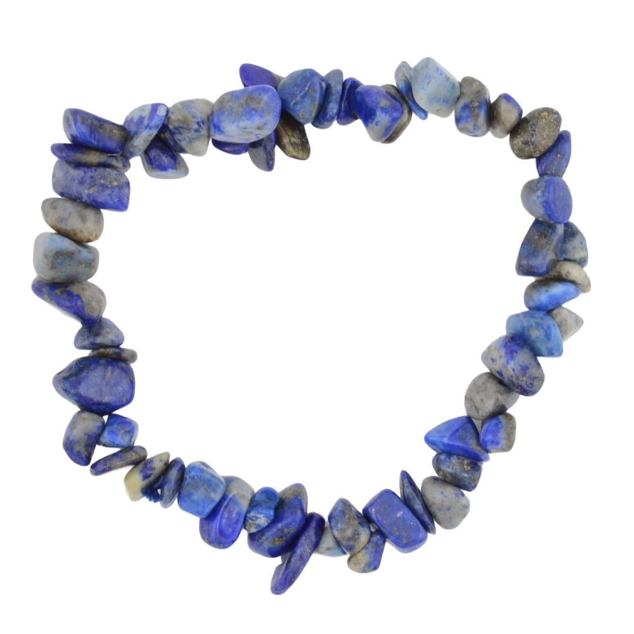 A beaded stretch bracelet made of irregular, polished blue lapis lazuli stones with natural gray and white veining, displayed on a clean white background.