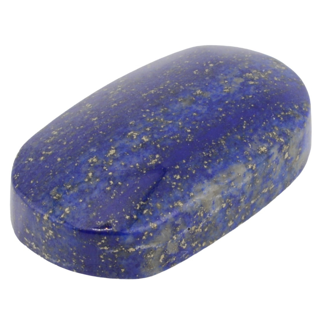 A polished oval-shaped lapis lazuli crystal with deep blue coloration and scattered golden flecks, shown on a plain white background.