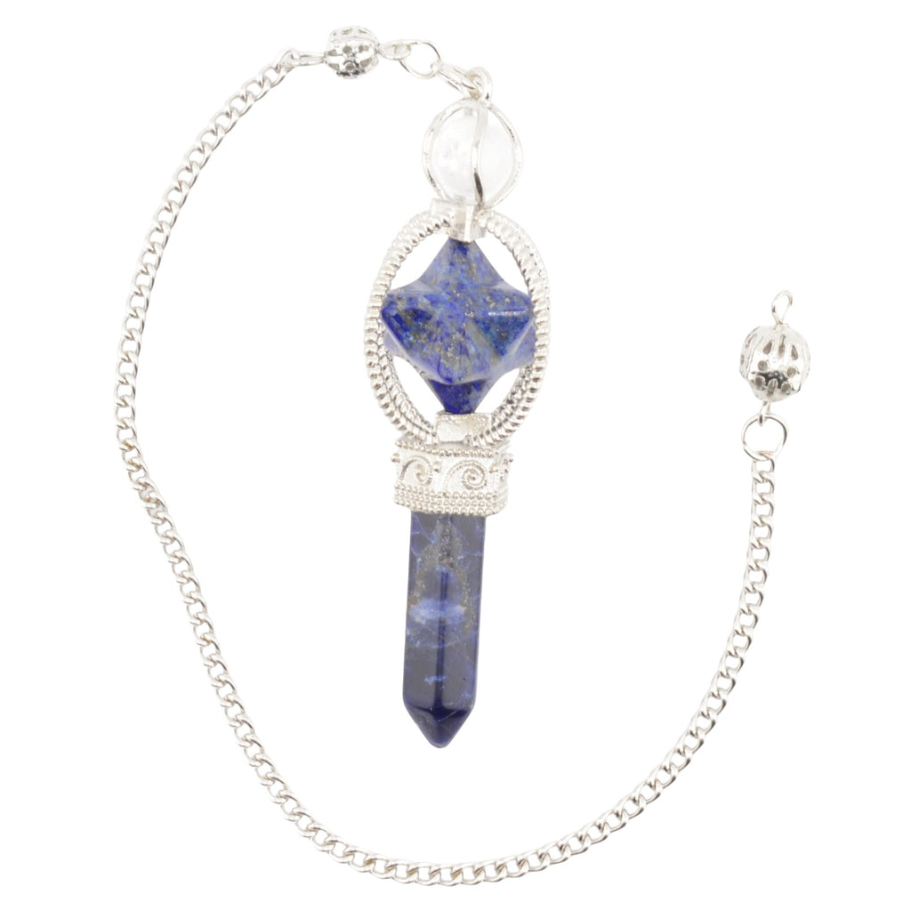 A silver-toned chain pendulum featuring a pendant with a faceted blue lapis lazuli crystal and a polished blue crystal point, set in silver-toned metal on a white background.