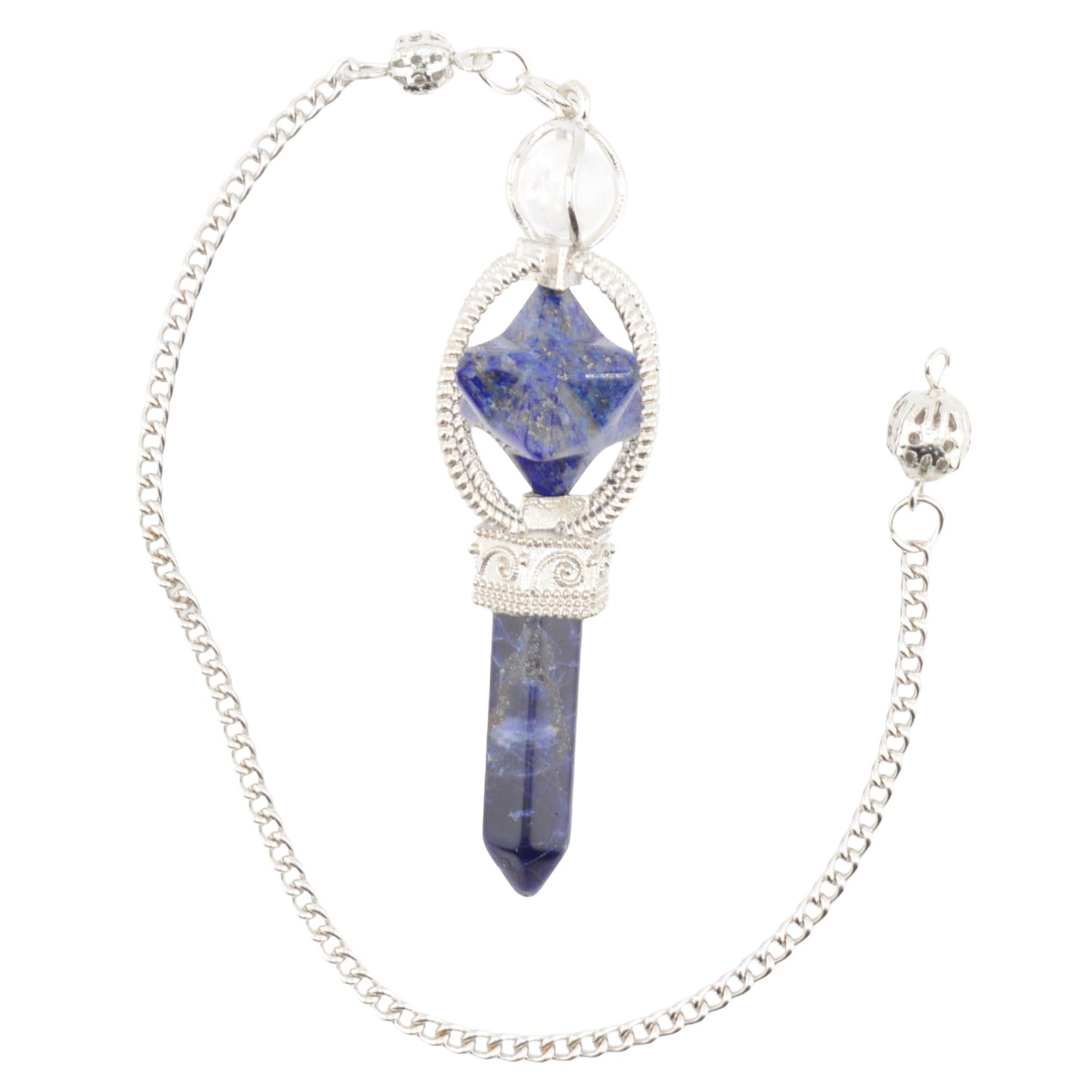A silver-toned chain pendulum featuring a pendant with a faceted blue lapis lazuli crystal and a polished blue crystal point, set in silver-toned metal on a white background.
