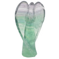A carved angel statue made of rainbow fluorite, featuring a gradient from light green at the bottom to milky white and pale lavender at the top, set against a plain white background.