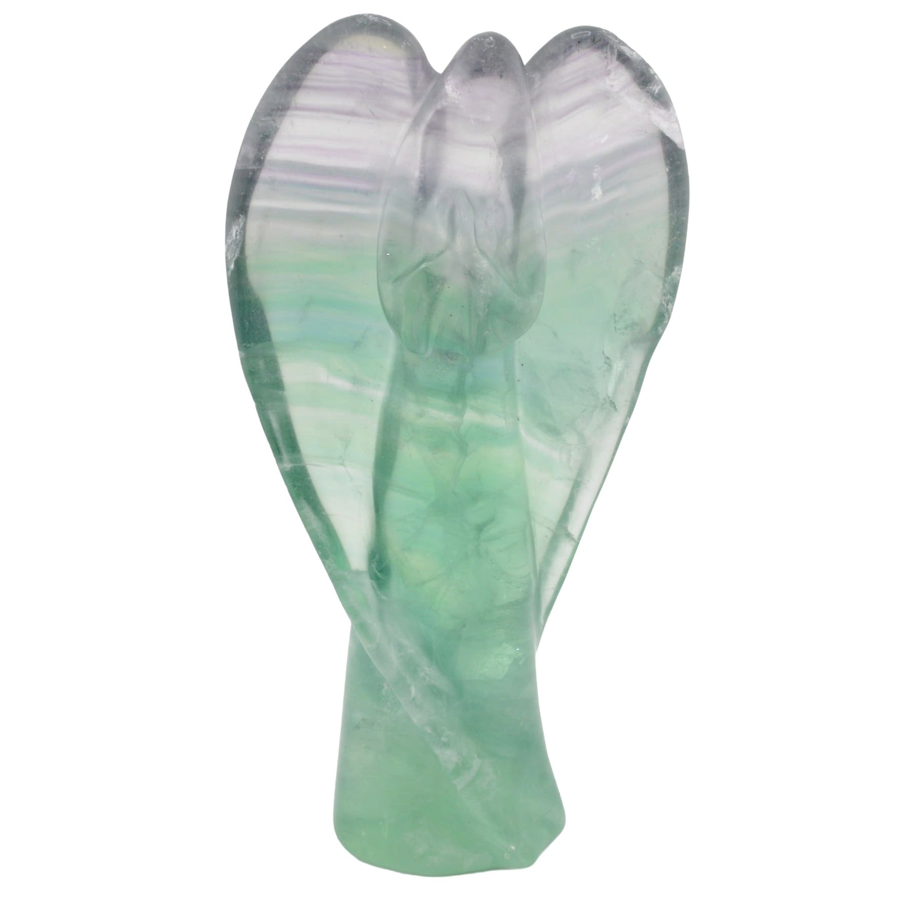 A carved angel statue made of rainbow fluorite, featuring a gradient from light green at the bottom to milky white and pale lavender at the top, set against a plain white background.