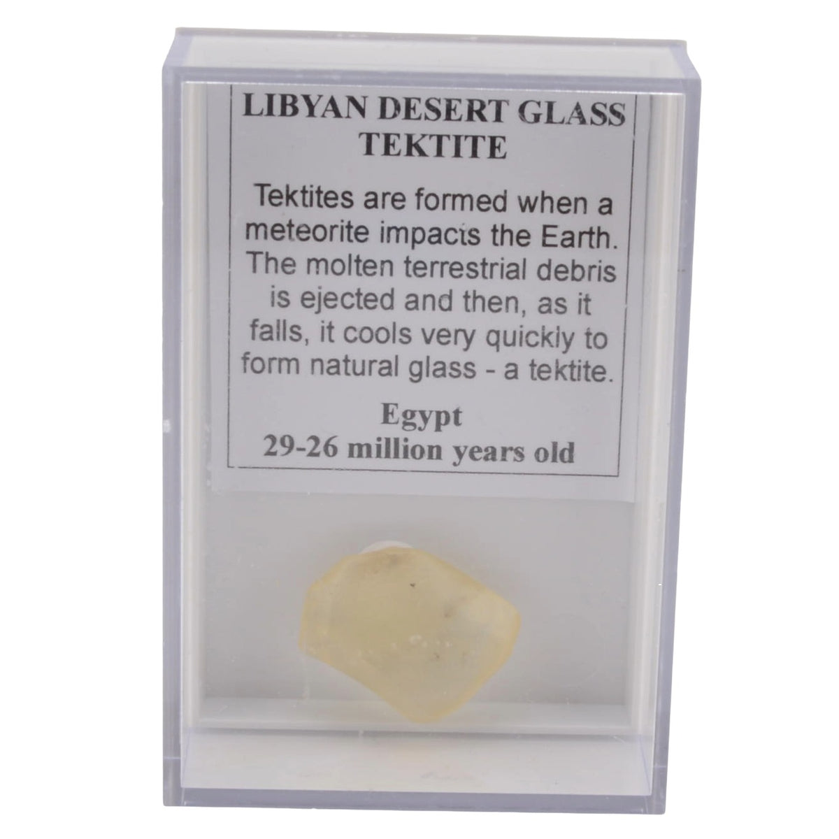 Libyan Desert Glass Tektite in display case
