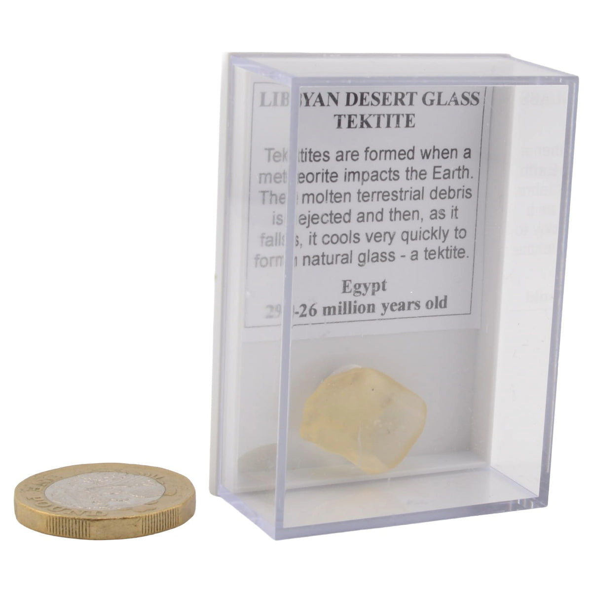 Libyan Desert Glass Tektite in display case
