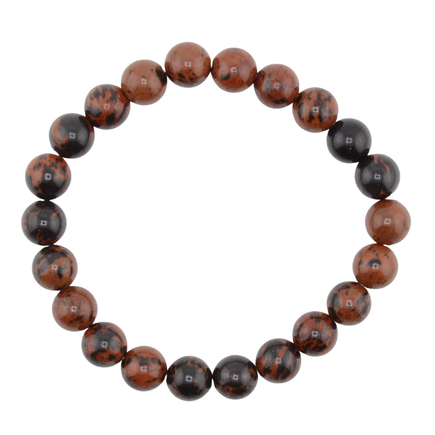 A beaded stretch bracelet made of mahogany obsidian alternating glossy round beads in reddish-brown and black with natural marbled patterns, displayed on a clean white background.