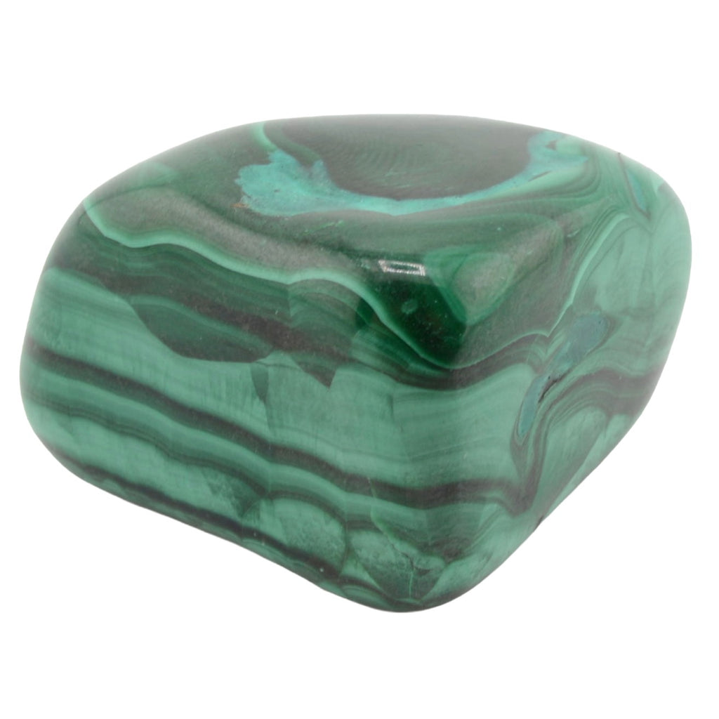 A polished tumbled stone with natural green and black marbled patterns, shown on a solid white background.