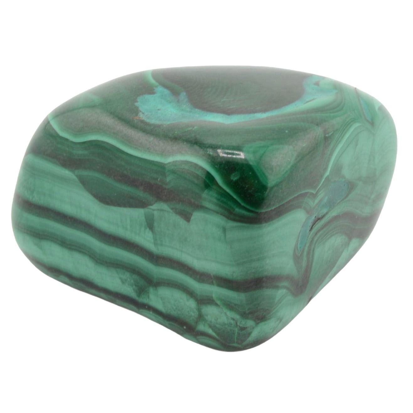 A polished tumbled stone with natural green and black marbled patterns, shown on a solid white background.