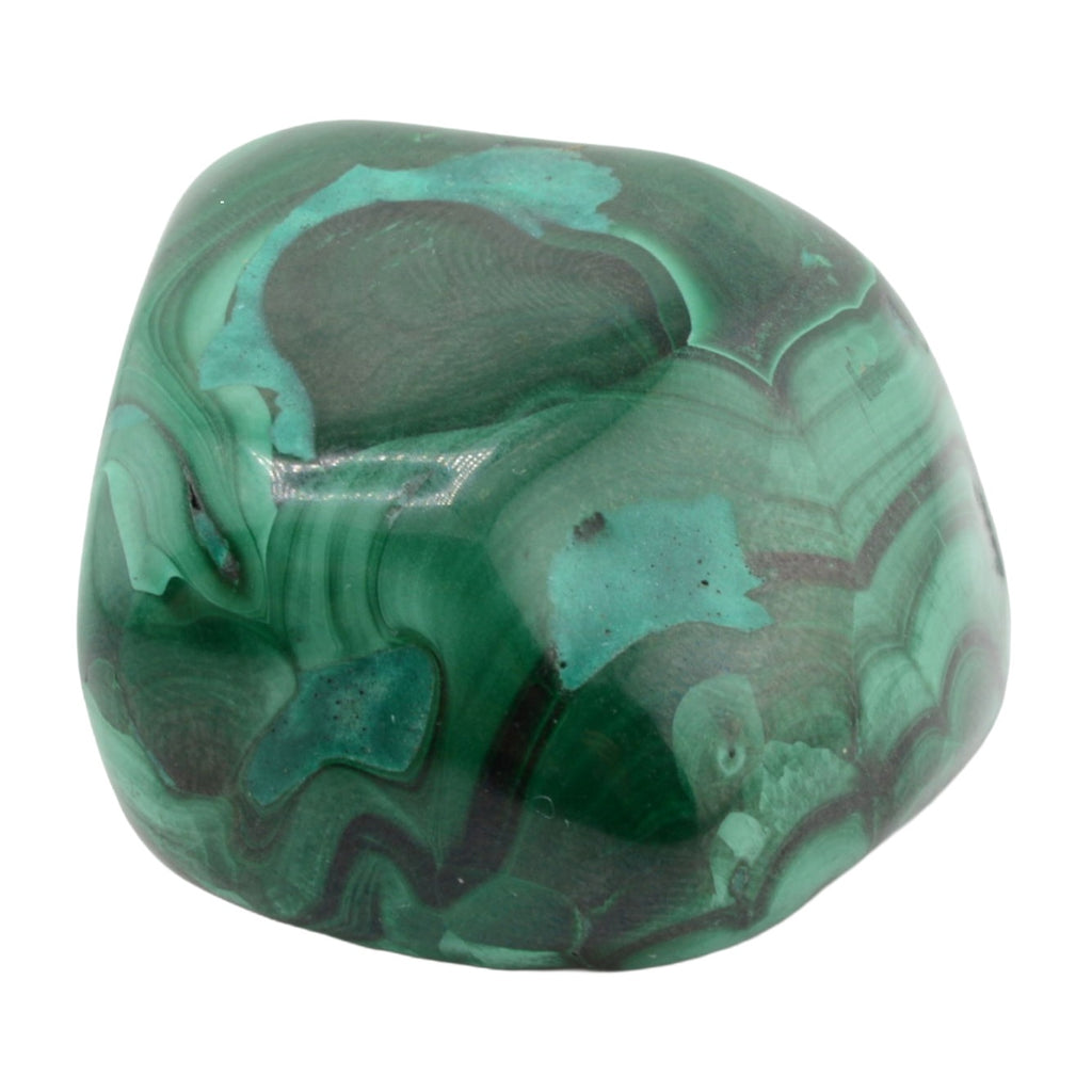 A polished tumbled stone of malachite featuring natural green and turquoise bands with dark veins, set against a plain white background.