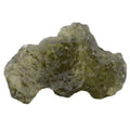 An irregular, rough moldavite tektite  specimen with a translucent olive-green color, isolated on a solid white background.