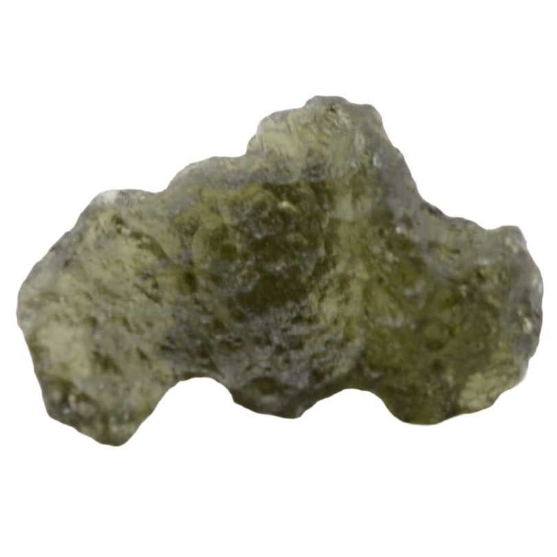 An irregular, rough moldavite tektite  specimen with a translucent olive-green color, isolated on a solid white background.