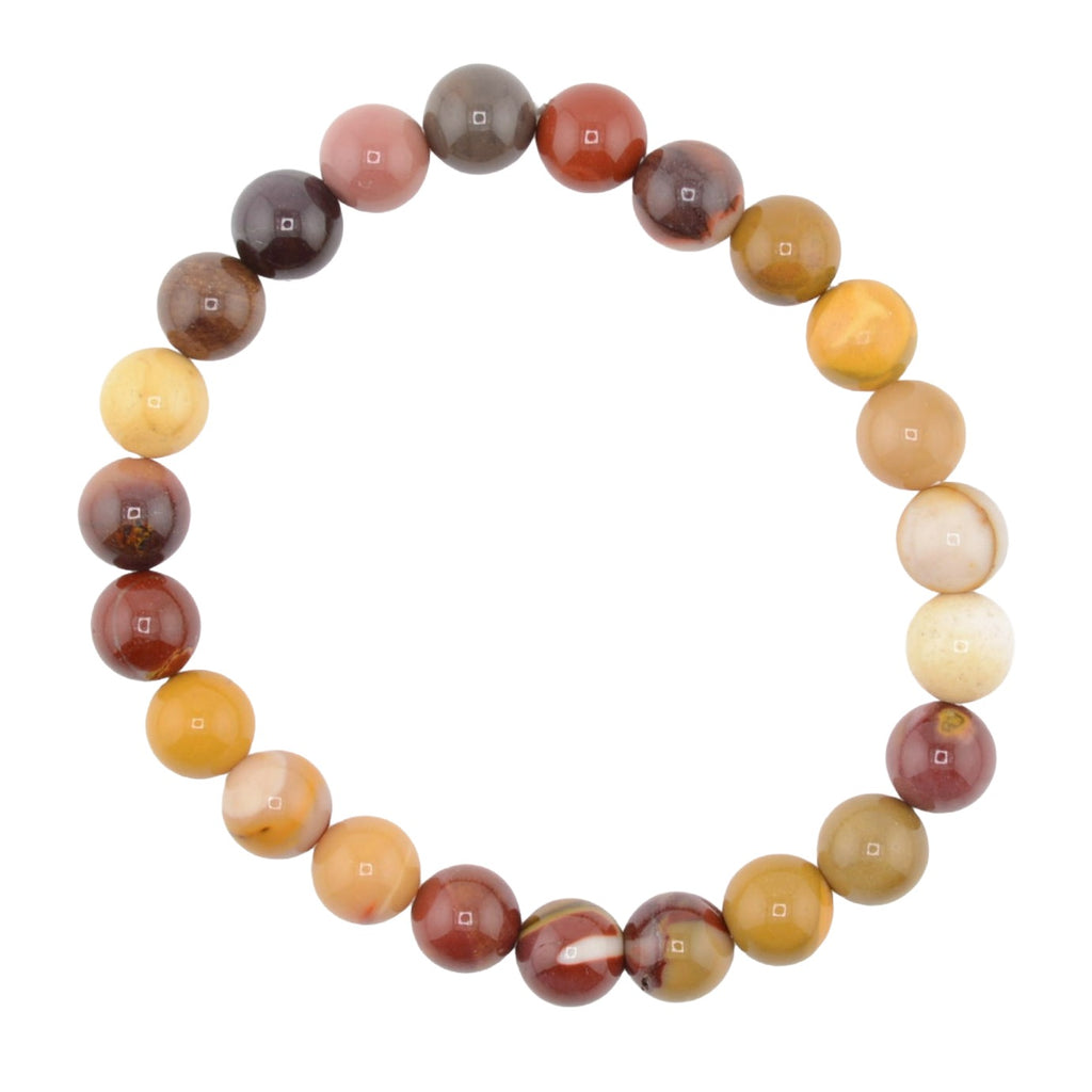 A beaded stretch bracelet made of mookaite 8mm polished round gemstone beads in assorted earthy colors including brown, red, orange, yellow, and cream, arranged in a circle on a plain white background.