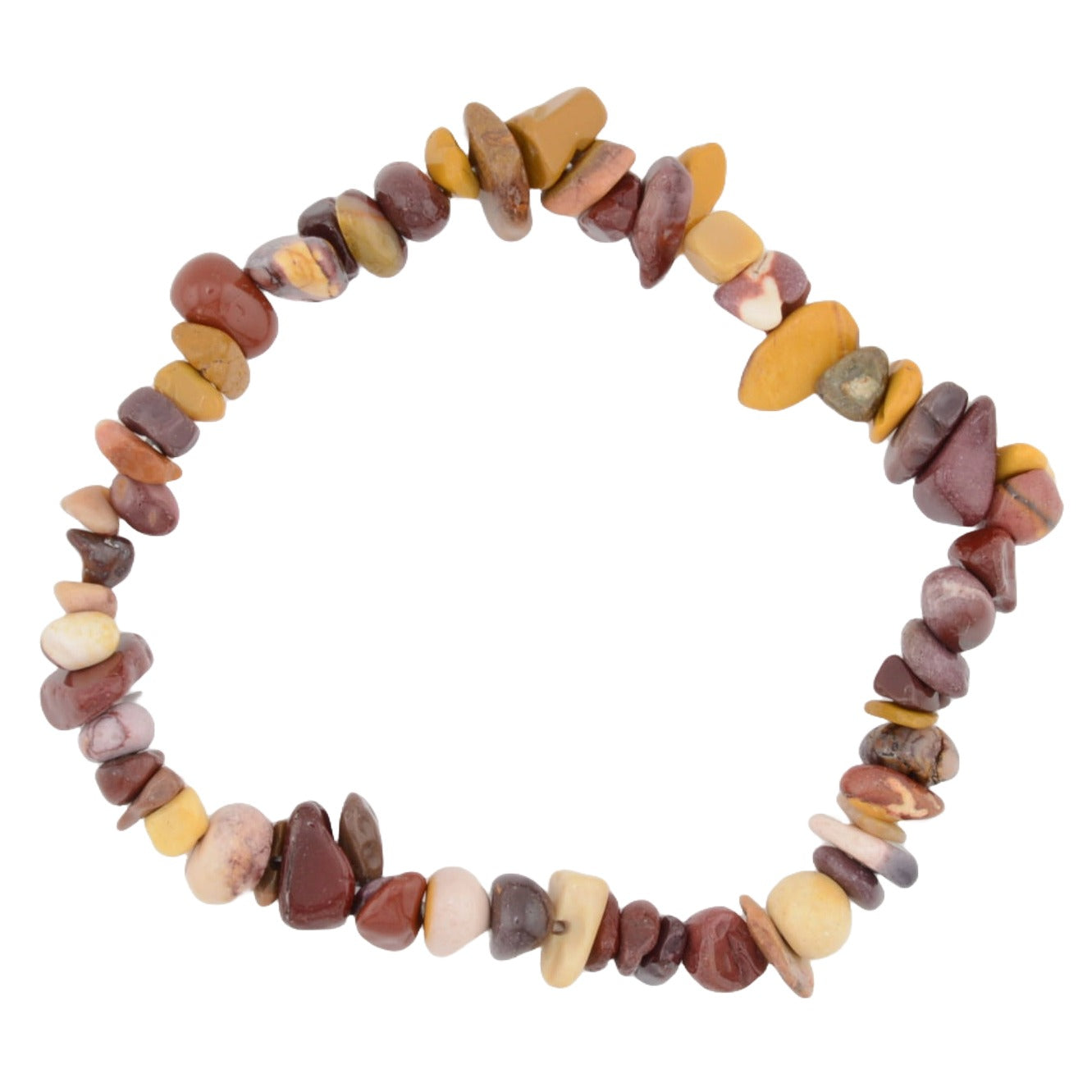 A beaded bracelet made of small, irregular polished stones in earthy tones of brown, reddish-brown, yellow, andcream,  arranged in a circle on a plain white background.