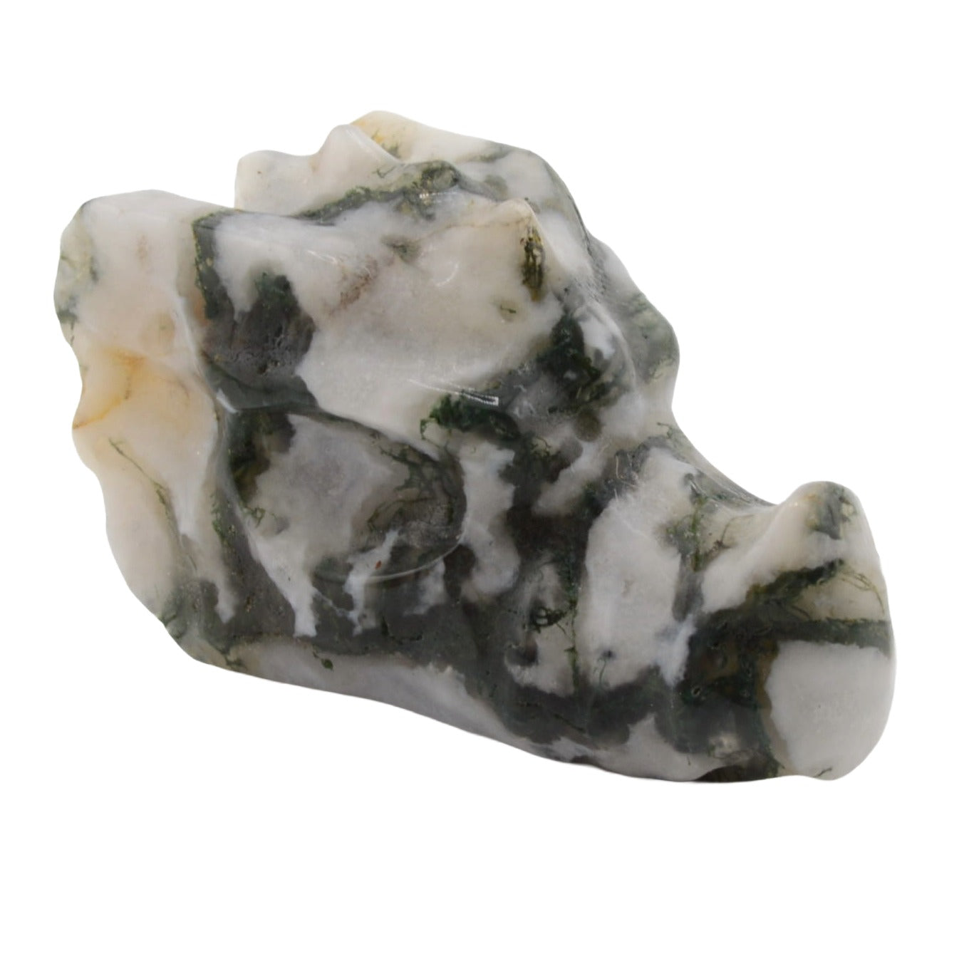 A polished moss agate 4cm dragon head carving, featuring a marbled pattern of white, dark green, and light beige.