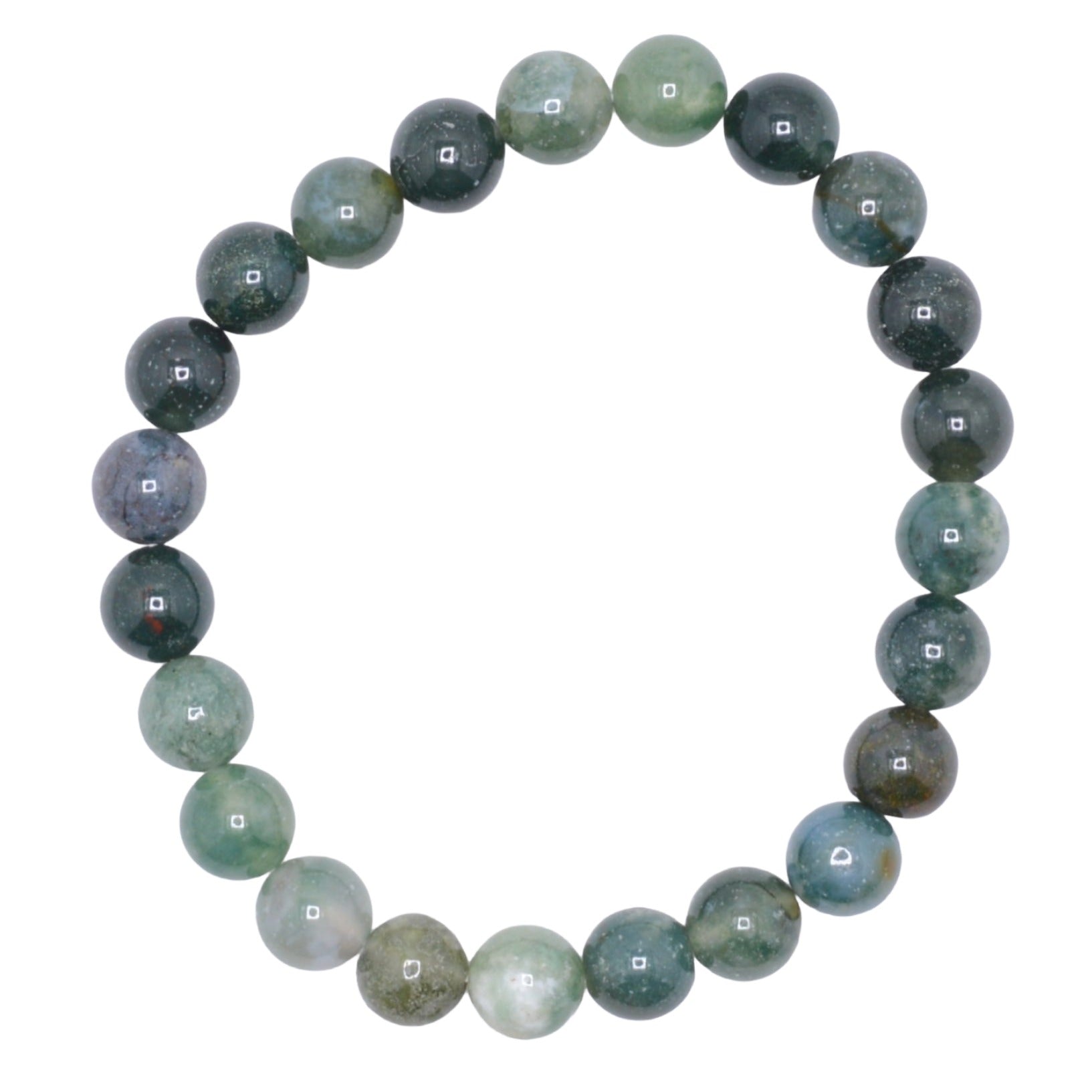 A beaded stretch bracelet made of polished moss agate gemstone beads in shades of green, white and clear. arranged in a circle on a plain white background.