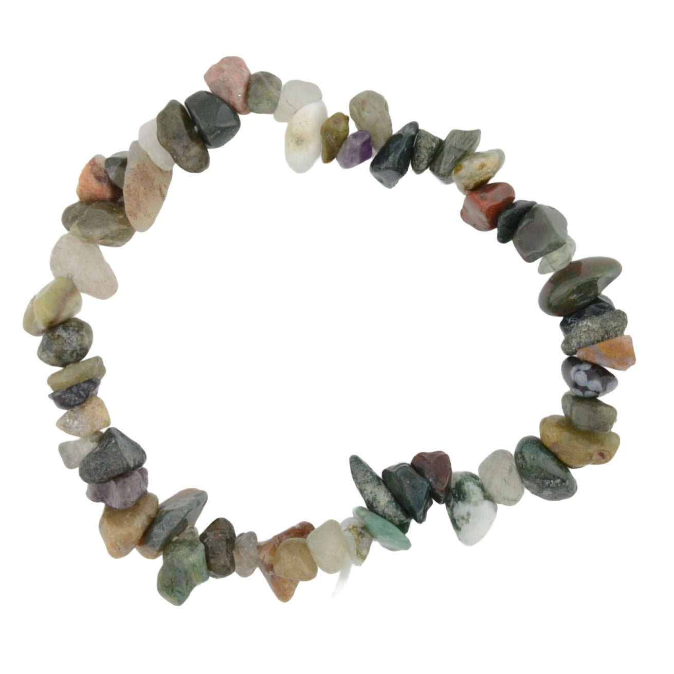 A beaded bracelet made of small, irregular polished gemstone chips in various earthy colors, arranged in a circle on a plain white background.