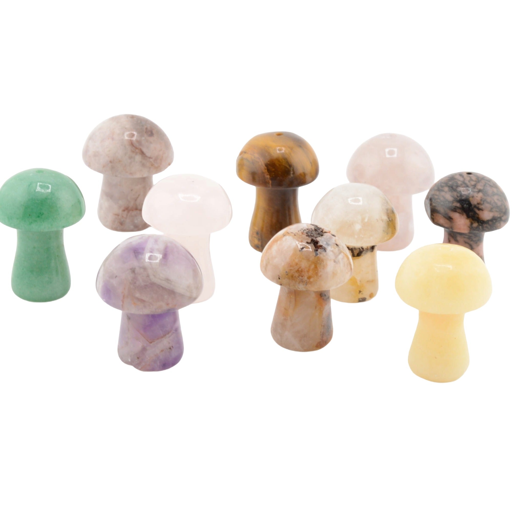 A set of tensmall mushroom-shaped polished gemstone carvings in various colors, including green, pink, brown, purple, yellow, and black, arranged on a plain white background.