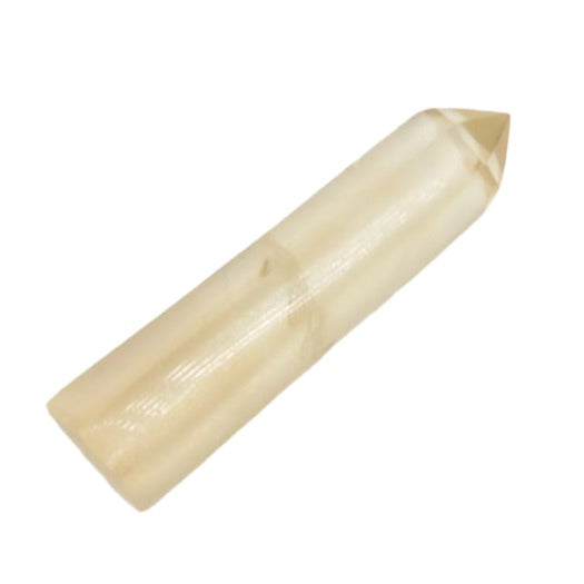 A polished natural citrine crystal polished point, shown diagonally on a plain white background.