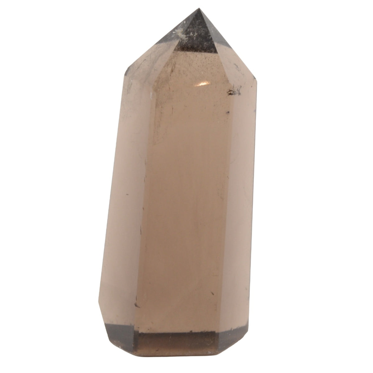 A natural smoky quartz crystal point with a hexagonal shape, featuring a translucent light brown body and dark brown to black tips at the top and bottom, isolated on a white background.