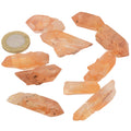 Ten raw tangerine quartz crystal points arranged on a white background next to a British coin for scale.