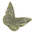 A green nephrite jade gemstone butterfly carving with natural marbled patterns, shown on a plain white background.