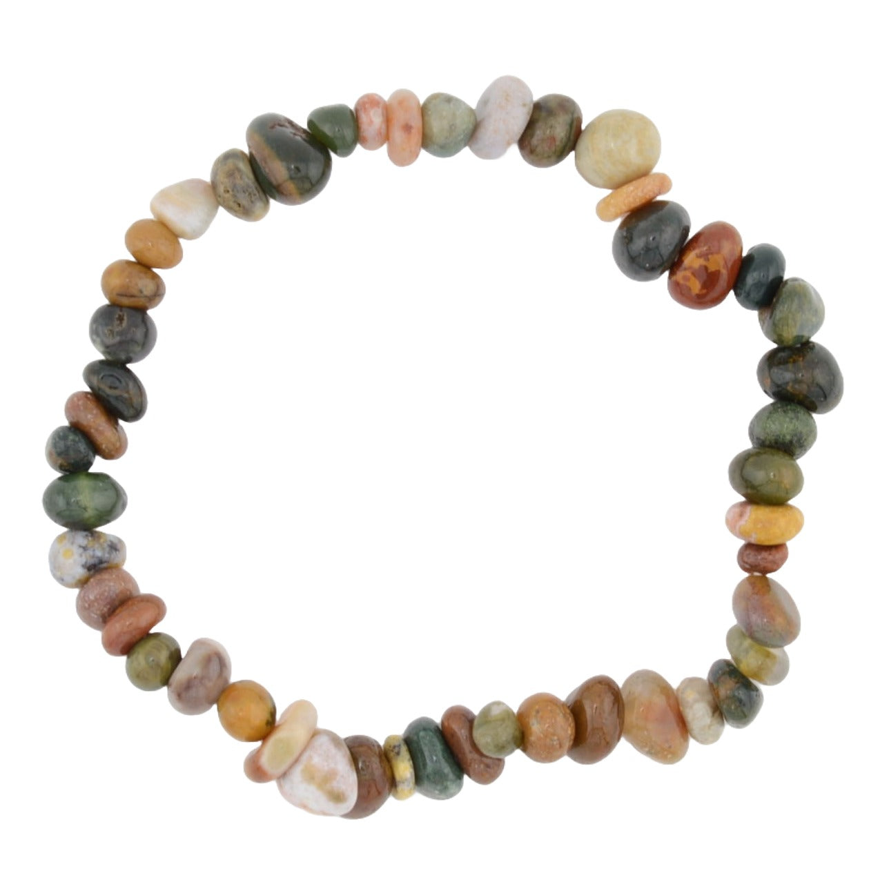 A beaded bracelet made of polished natural ocean jasper stones in earthy brown, green, and clear tones, arranged in a circle on a plain white background.