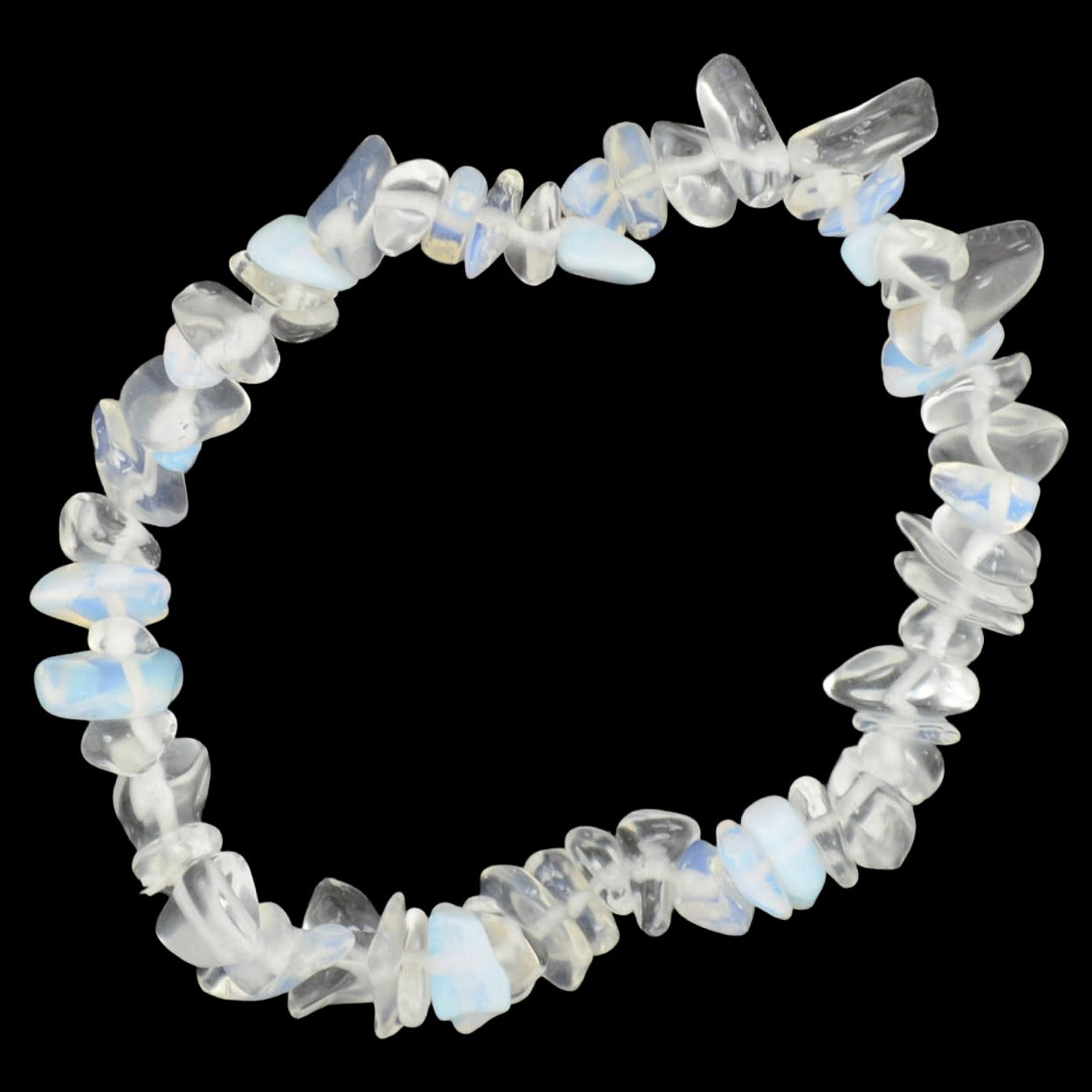 A beaded stretch bracelet made of irregular, translucent white to light blue opal-like stones, displayed on a dark textured background.