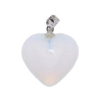 A heart-shaped pendant made of milky white opalite with a silver bail, shown against a plain white background.