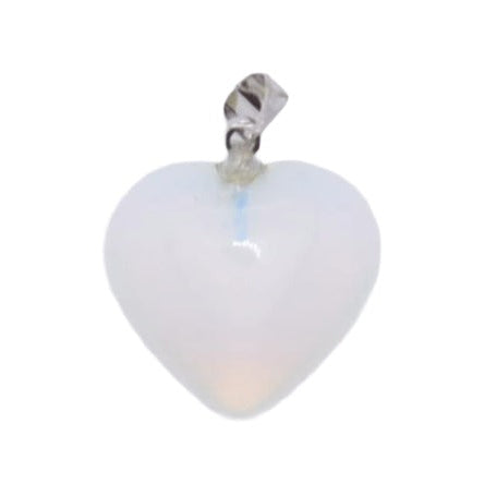 A heart-shaped pendant made of milky white opalite with a silver bail, shown against a plain white background.