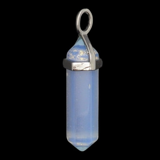A light blue opalite double point pendant with a silver plated metal bail, shown against a solid black background.