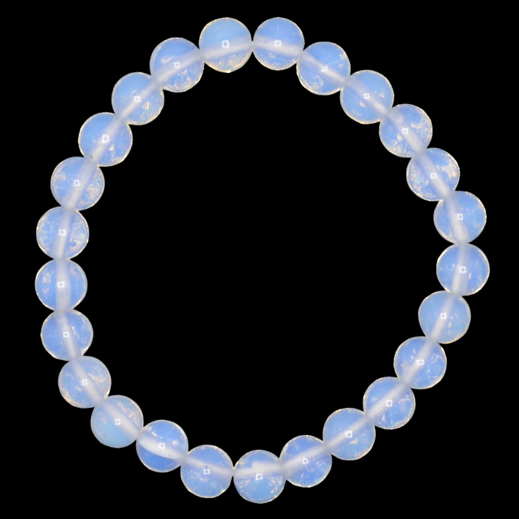 A beaded stretch bracelet made of opalite 8mm gemstone beads arranged in a circular shape against a solid black background.
