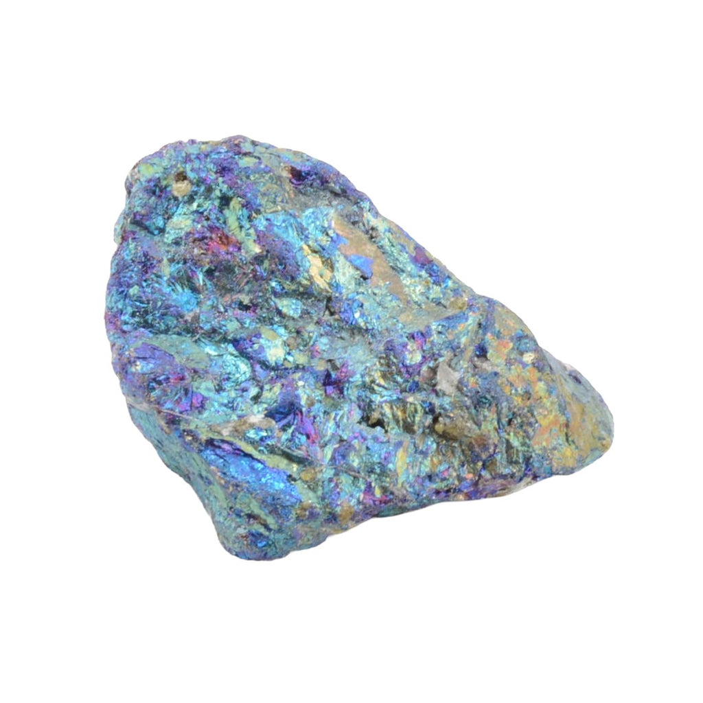 A rough, natural iridescent mineral specimen or bornite (peacock ore) with shimmering blue, purple, and gold tones, isolated on a plain white background.