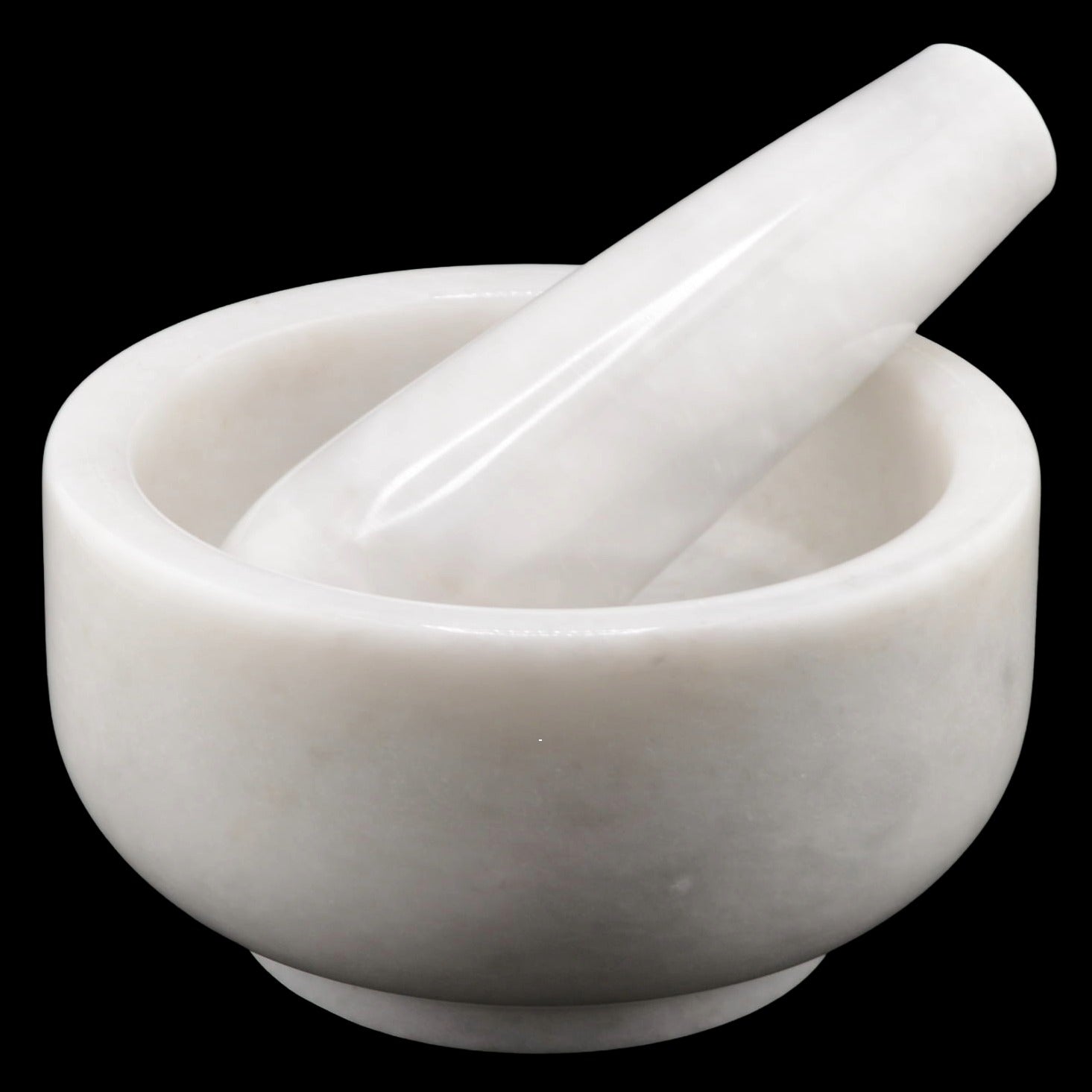 A white marble mortar and pestle set against a solid black background.
