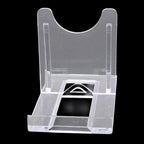 Clear plastic stand holder with a curved top and open base, shown against a solid black background.