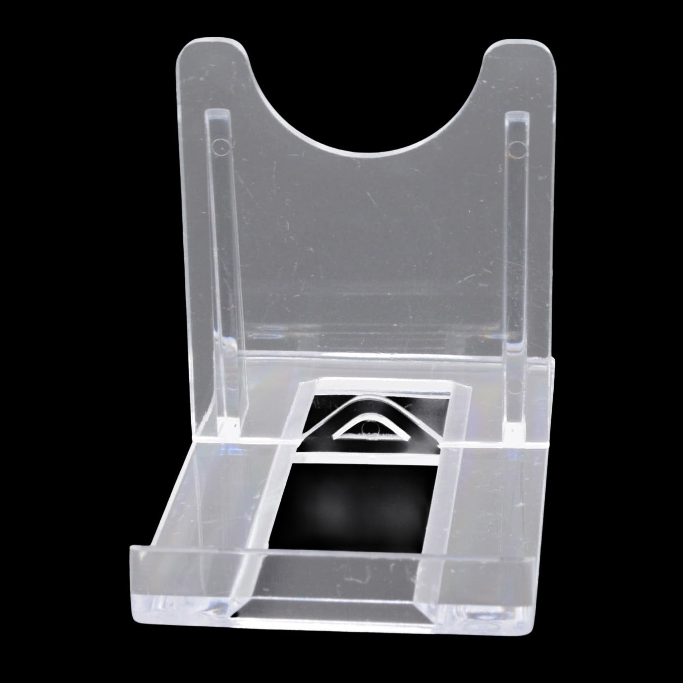 Clear plastic stand holder with a curved top and open base, shown against a solid black background.