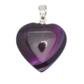 A heart-shaped purple agate pendant with a silver bail, featuring a marbled pattern of deep purple with a small white highlight.
