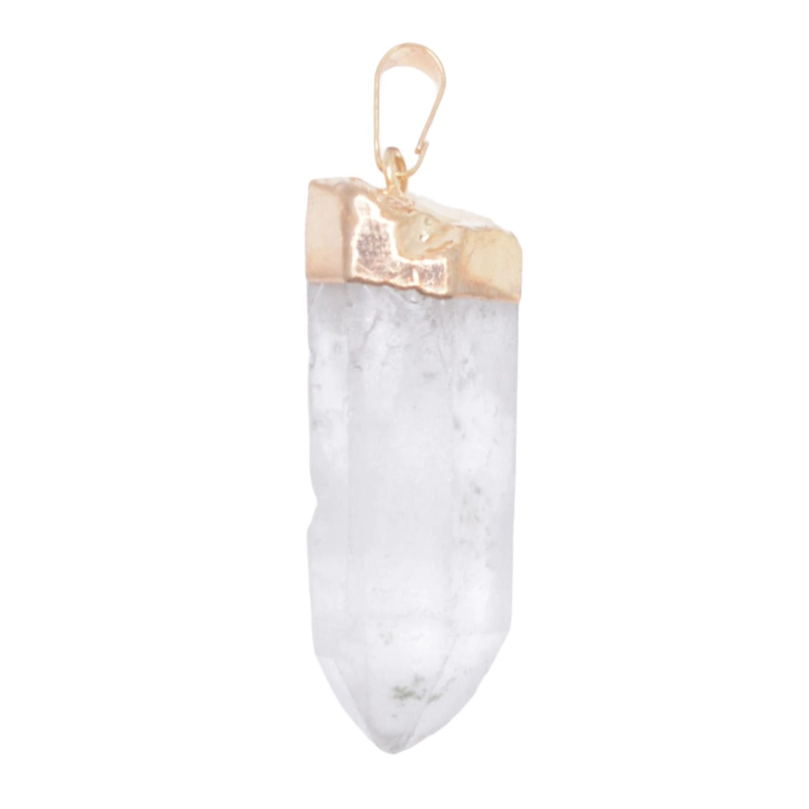 A natural clear quartz crystal point pendant with a gold plated bail, shown against a plain white background.