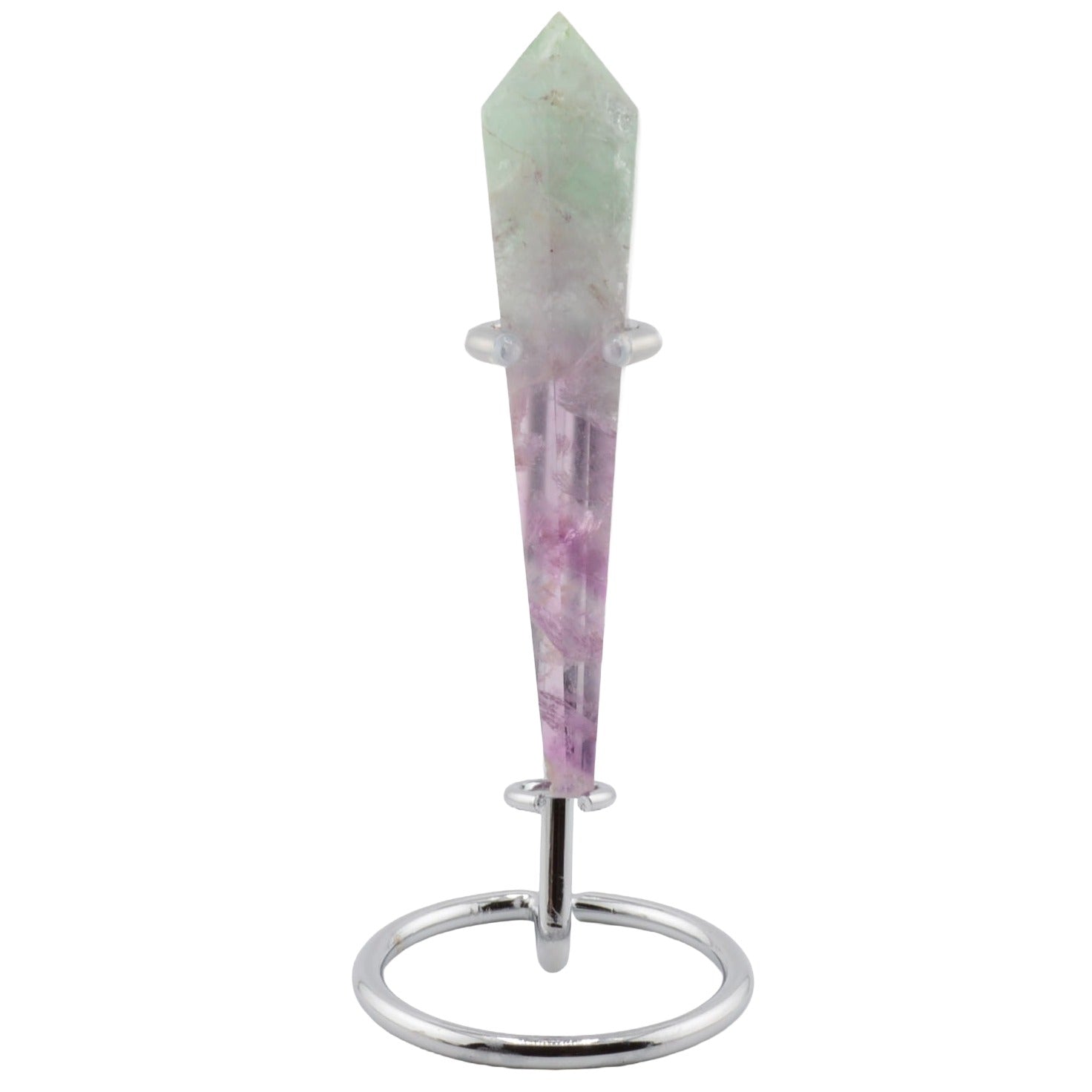 A pointed fluorite crystal tower on a silver metal stand, featuring a dual-toned stone that transitions from pale green at the top to light purple at the bottom, set against a plain white background.