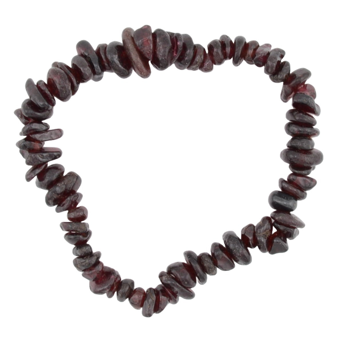 A beaded bracelet made of polished, irregular dark red garnet gemstone chips, displayed on a clean white background