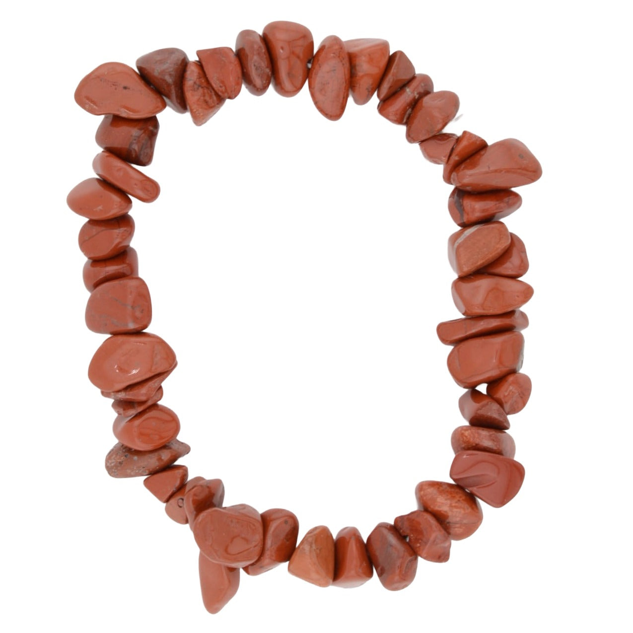 A circular beaded bracelet made of small, irregular reddish-brown red jasper stone chips, displayed on a clean white background.