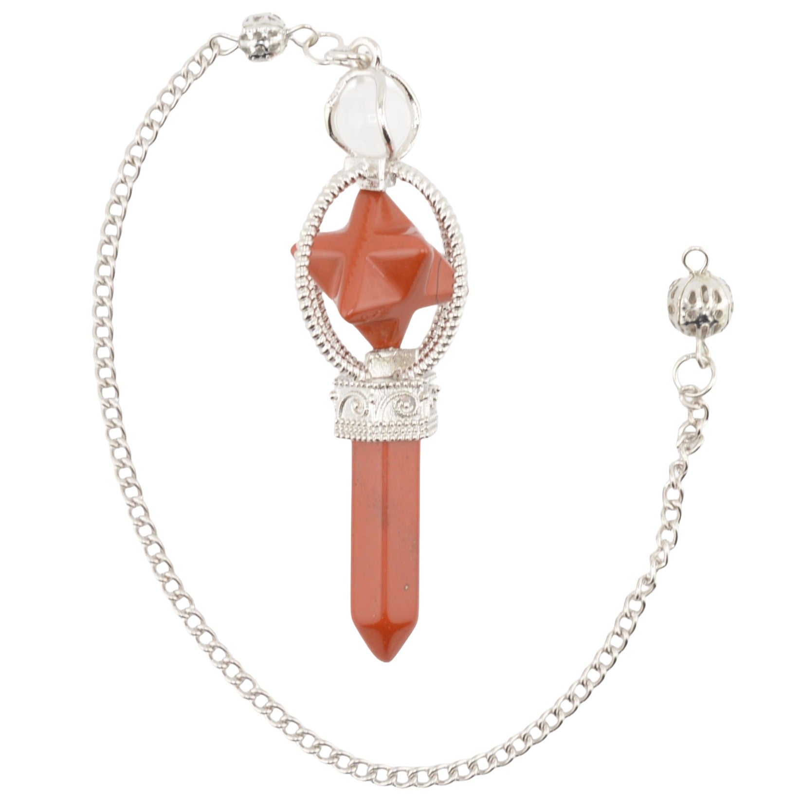 A Red Jasper Pendulum with a point and merkaba. Includes a silver coloured chain and ball n a white background