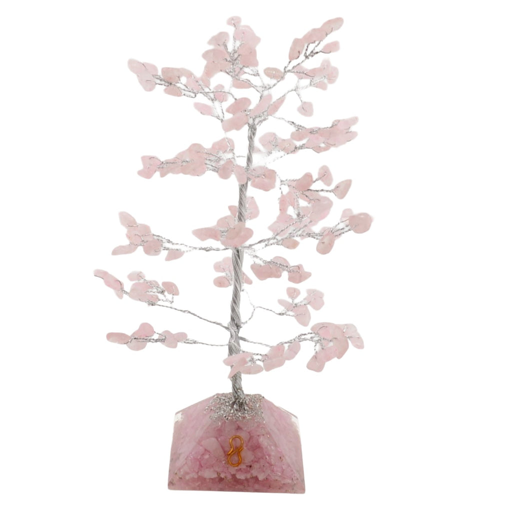 Rose Quartz Crystal Tree with Orgone Pyramid Base - 160 gemstone leaves