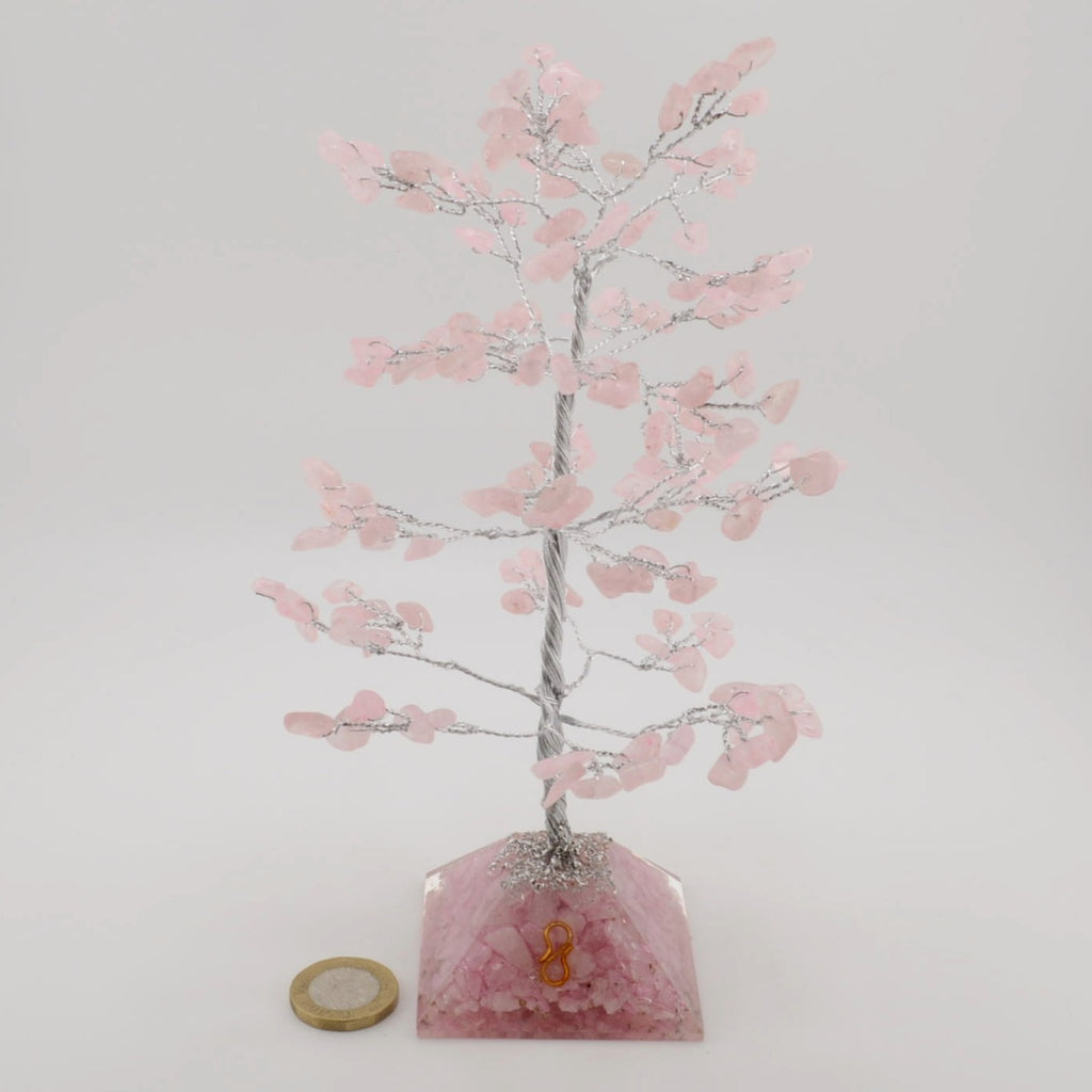 Rose Quartz Crystal Tree with Orgone Pyramid Base - 160 gemstone leaves