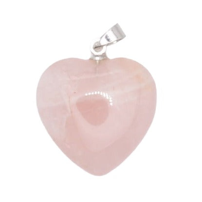 A heart-shaped rose quartz pendant with a polished silver bail, shown against a plain white background.