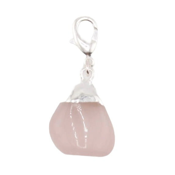 A pink rose quartz charm with a silver plated clasp, shown on a clean white background.