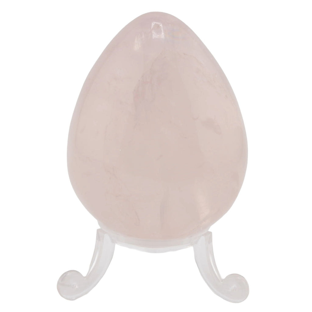 A polished rose quartz crystal egg displayed on a small clear acrylic stand against a plain white background.
